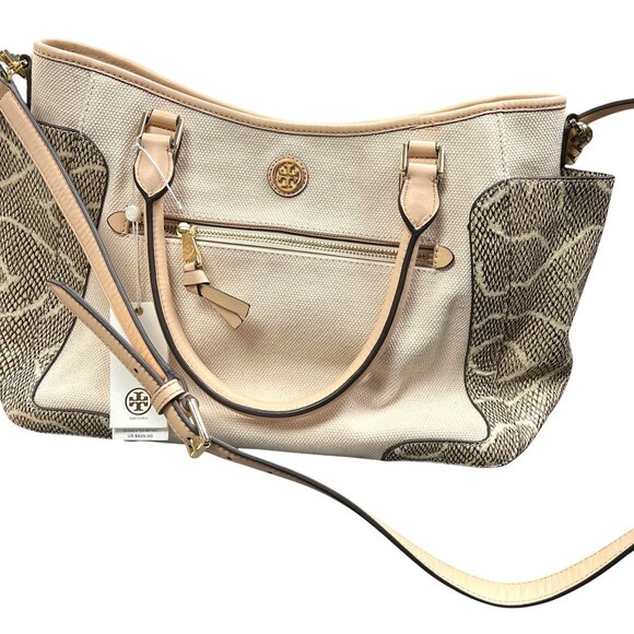 Tory Burch Canvas & Leather Satchel With Snake Print Accents Burch Frances - Picture 1 of 9